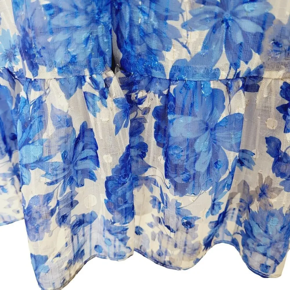 Alex Marie Simone Cobalt Floral Print Puff Sleeve Tiered V-neck Dress 18W NWT - Picture 8 of 14